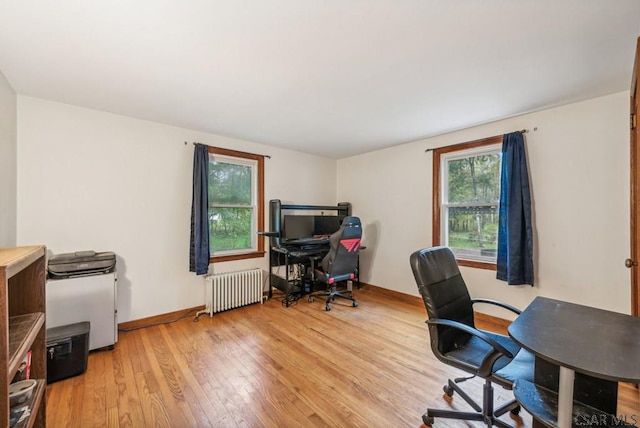 office space with radiator and light wood-type flooring