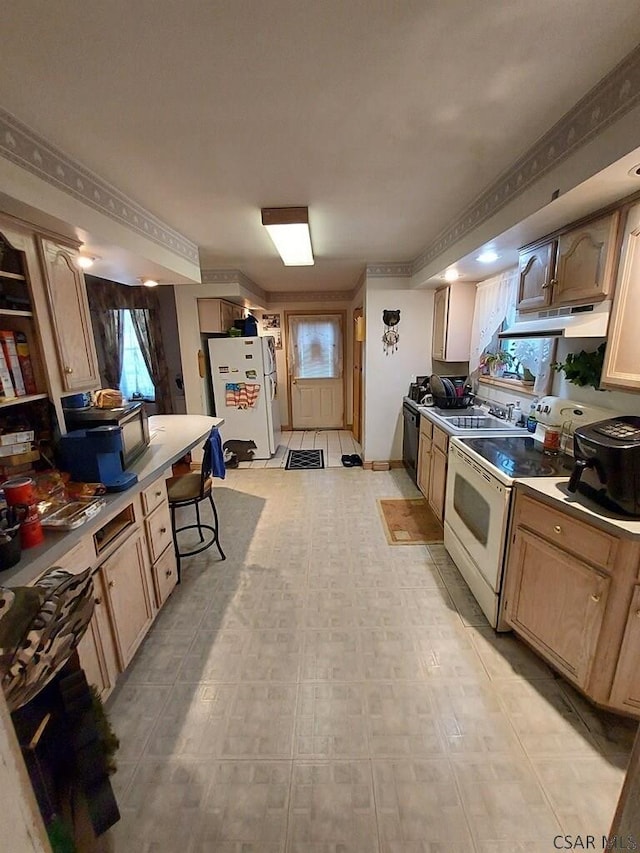 kitchen with light brown cabinets, under cabinet range hood, white appliances, a breakfast bar, and a sink