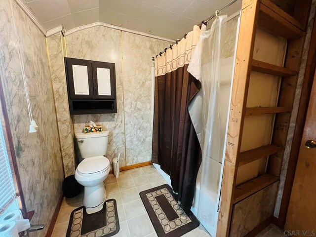 bathroom with walk in shower, ornamental molding, toilet, and vaulted ceiling