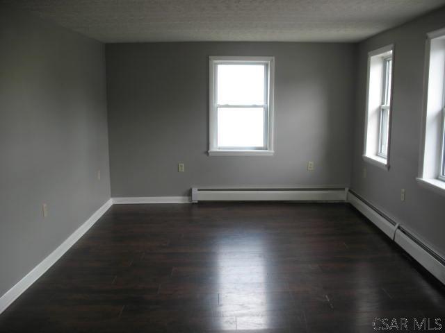 spare room featuring a baseboard radiator, dark hardwood / wood-style floors, and a healthy amount of sunlight