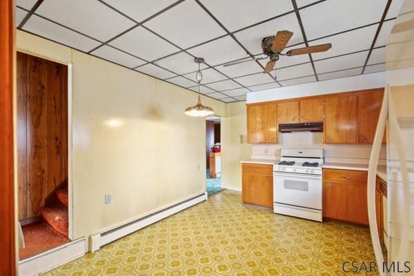 kitchen featuring white appliances, a baseboard radiator, decorative light fixtures, and ceiling fan