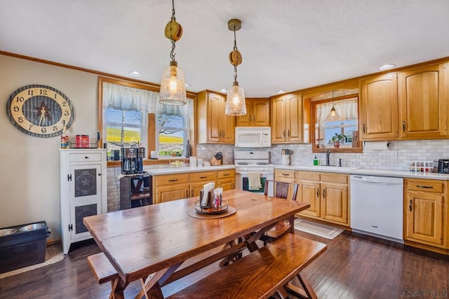 1139 Chickentown Rd, Somerset, PA 15501 - kitchen with a sink, white appliances, light countertops, backsplash, and dark wood-style flooring