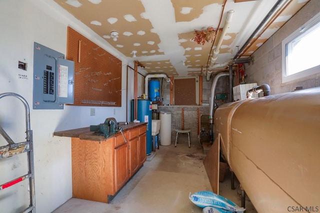 interior space with water heater, heating fuel, and electric panel