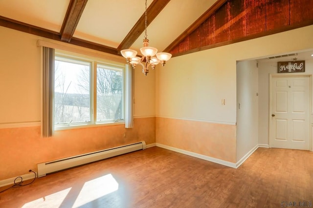 empty room featuring wood finished floors, a baseboard radiator, baseboards, a chandelier, and vaulted ceiling with beams