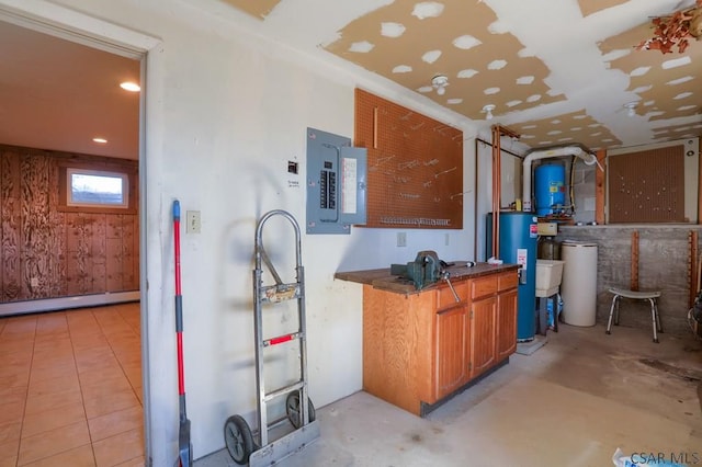 interior space featuring water heater, baseboard heating, and electric panel