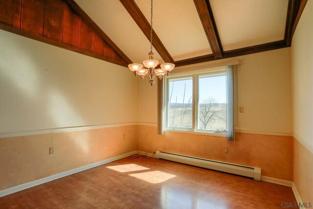 spare room featuring a baseboard heating unit, baseboards, lofted ceiling with beams, wood finished floors, and a notable chandelier