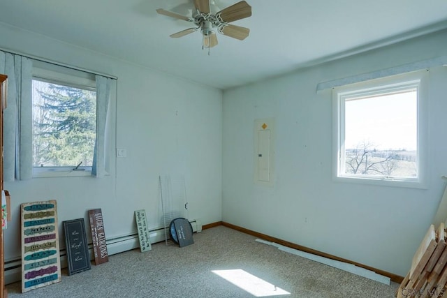 empty room featuring a ceiling fan, baseboards, electric panel, carpet flooring, and baseboard heating