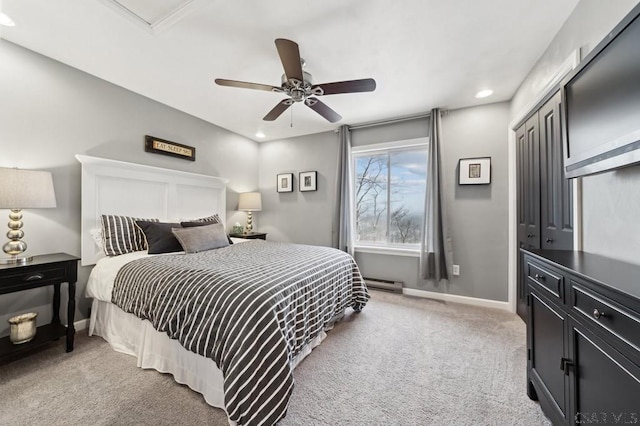 bedroom with light carpet, baseboards, a ceiling fan, a baseboard radiator, and recessed lighting