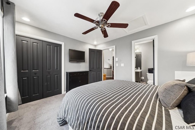 bedroom with carpet, recessed lighting, a closet, attic access, and ceiling fan