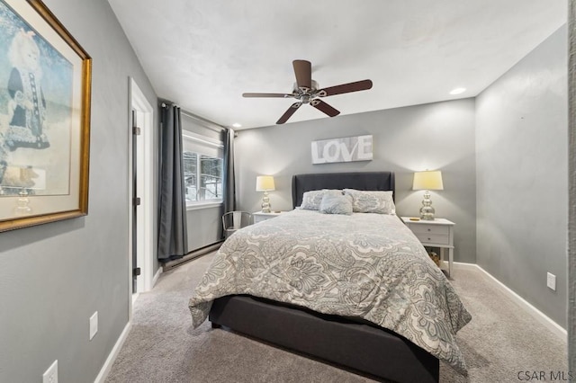 bedroom featuring recessed lighting, carpet flooring, ceiling fan, and baseboards