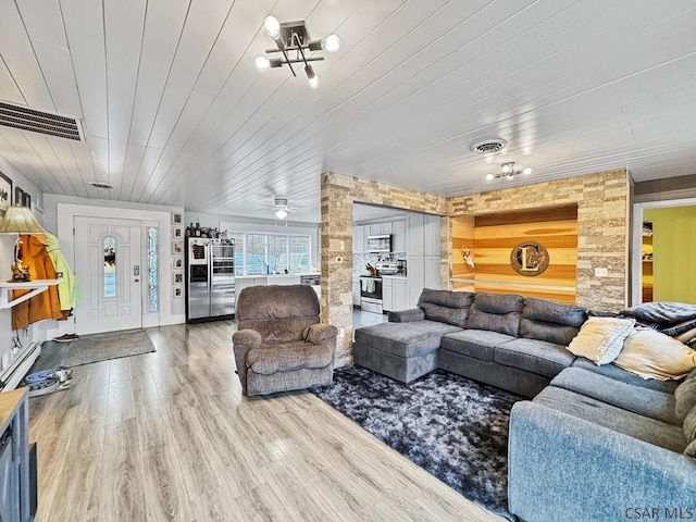 living area with wooden ceiling, visible vents, and wood finished floors