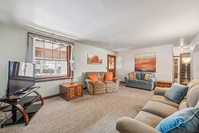 living room with light colored carpet