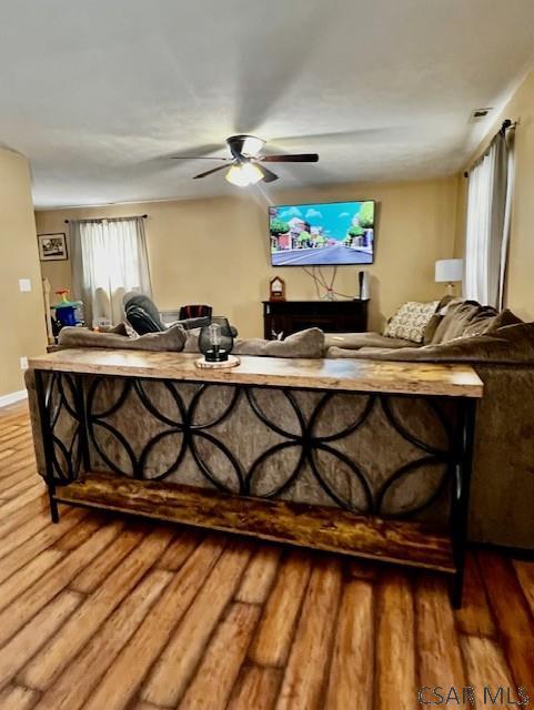 living room with ceiling fan and wood-type flooring