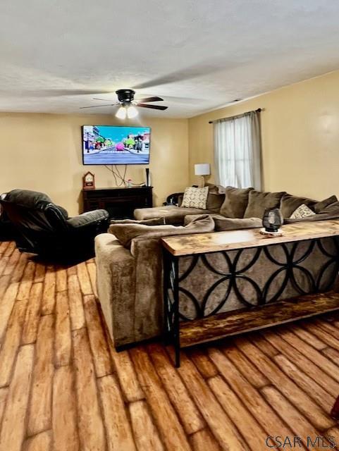 living room with ceiling fan and hardwood / wood-style floors