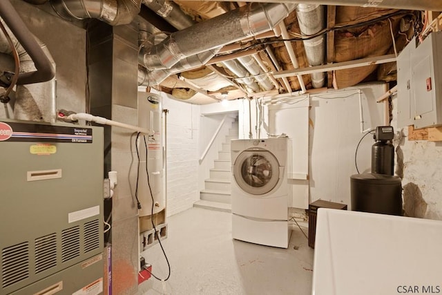 unfinished below grade area featuring washer / clothes dryer, a water softener, stairway, and electric panel