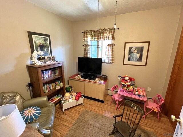 living area with light wood finished floors and baseboard heating