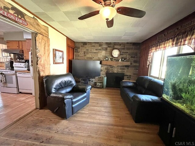 living area featuring a ceiling fan, light wood-style floors, and a fireplace