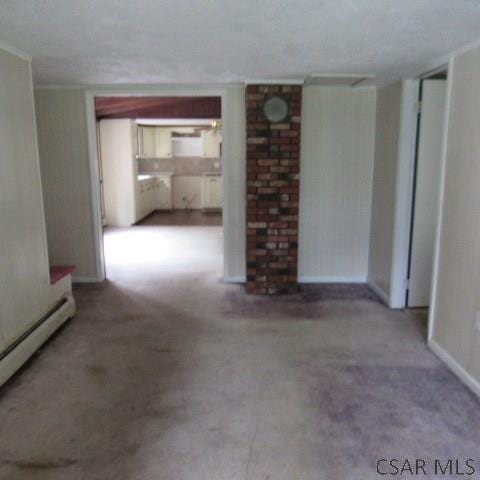 313 Dalton Run Rd, Johnstown, PA 15905 - unfurnished living room featuring baseboard heating and carpet