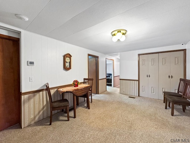 interior space with carpet floors and wooden walls