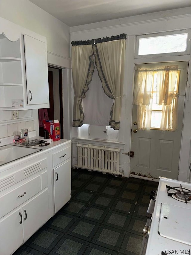 kitchen with white cabinetry, radiator, and sink