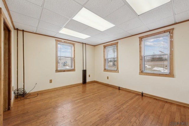 interior space featuring a drop ceiling, wood-type flooring, and ornamental molding