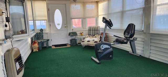 workout area featuring carpet floors and heating unit