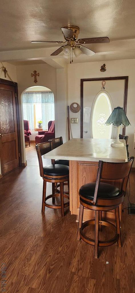 bar with ceiling fan, hardwood / wood-style flooring, and a textured ceiling