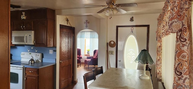 kitchen featuring dark brown cabinetry, ceiling fan, and white appliances