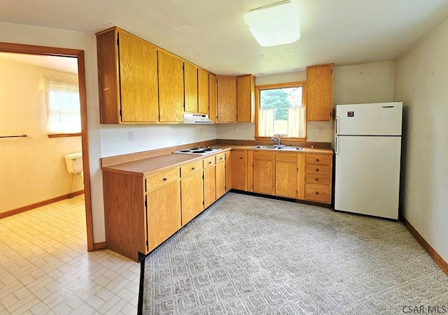 2139 Woodcrest Dr, Johnstown, PA 15905 - kitchen featuring white appliances, a sink, under cabinet range hood, baseboards, and light countertops