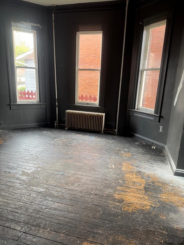 unfurnished room featuring radiator heating unit, a wealth of natural light, and hardwood / wood-style flooring