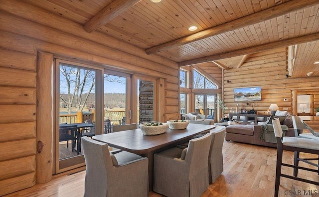 dining area featuring a wealth of natural light, beam ceiling, wood ceiling, and light wood-style flooring