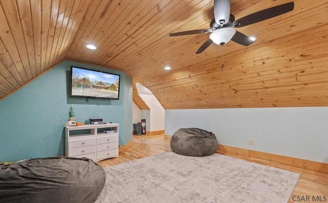 bedroom featuring wood finished floors, recessed lighting, baseboards, wood ceiling, and vaulted ceiling