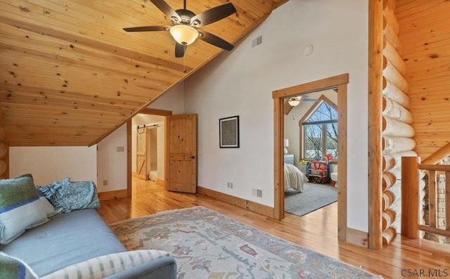 interior space with visible vents, wooden ceiling, ceiling fan, and wood finished floors
