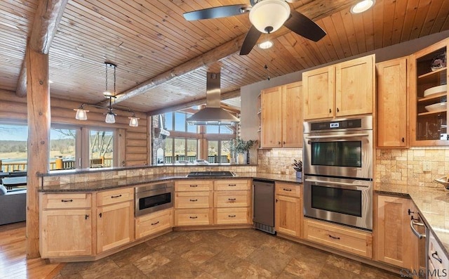 kitchen with light brown cabinets, decorative backsplash, appliances with stainless steel finishes, and island exhaust hood