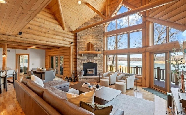 living room with light wood finished floors, wooden ceiling, rustic walls, and a water view