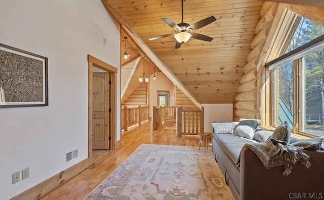 unfurnished room with visible vents, wood ceiling, lofted ceiling, wood finished floors, and rustic walls