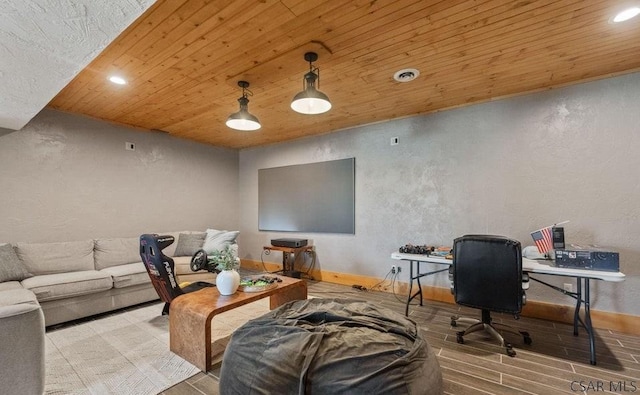 living room featuring wood finished floors, recessed lighting, wood ceiling, and a textured wall