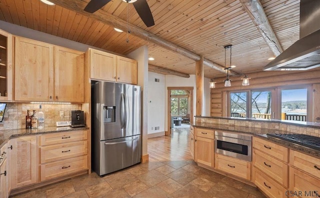 kitchen featuring beam ceiling, light brown cabinetry, stainless steel appliances, wooden ceiling, and backsplash