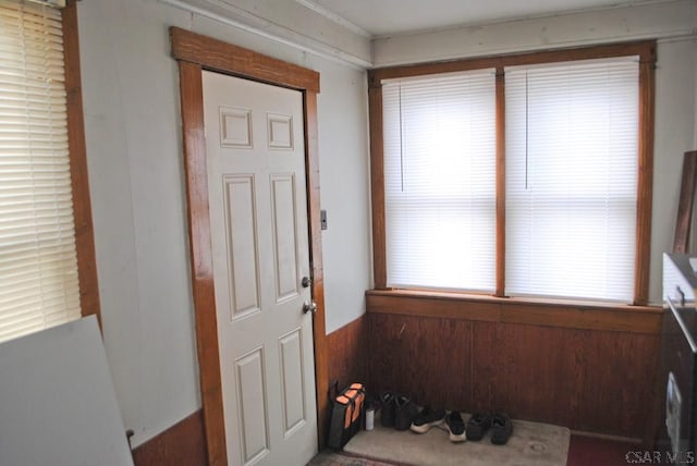 doorway with wood walls