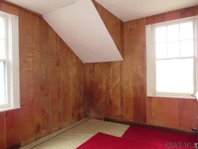 bonus room featuring lofted ceiling, a healthy amount of sunlight, and wooden walls