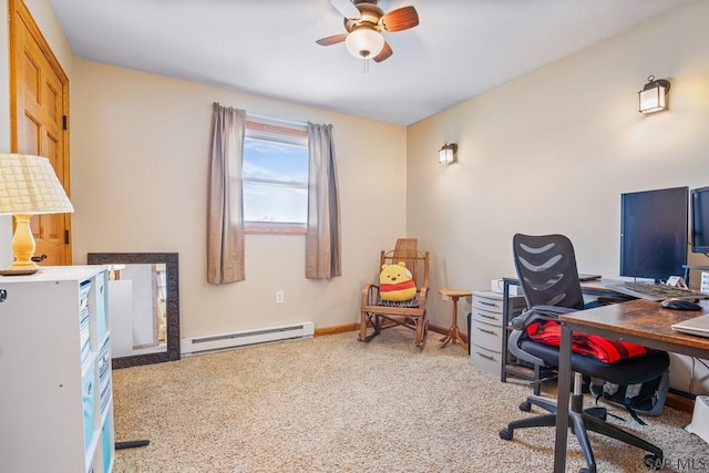 home office featuring a baseboard heating unit, ceiling fan, carpet floors, and baseboards