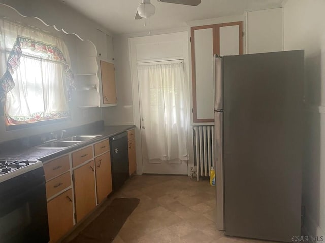 209 Dupont St, Johnstown, PA 15902 - kitchen featuring appliances with stainless steel finishes, ceiling fan, light flooring, dark countertops, and open shelves