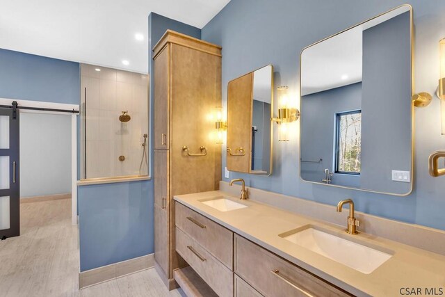 bathroom with vanity and a shower with shower door