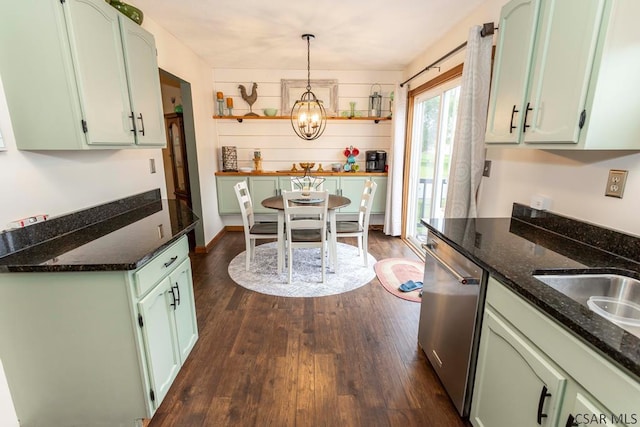1501 Maplehurst Dr, Somerset, PA 15501 - kitchen with dishwasher, dark wood-type flooring, a chandelier, dark stone counters, and open shelves
