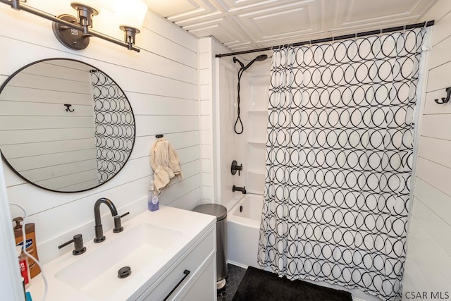 1501 Maplehurst Dr, Somerset, PA 15501 - bathroom with vanity, wooden walls, and shower / bathtub combination with curtain