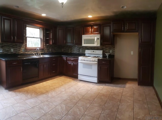 kitchen with sink, white appliances, decorative backsplash, and light tile patterned floors