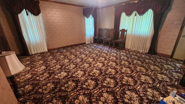 carpeted empty room featuring crown molding and plenty of natural light