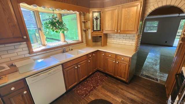 kitchen with plenty of natural light, sink, backsplash, and white dishwasher