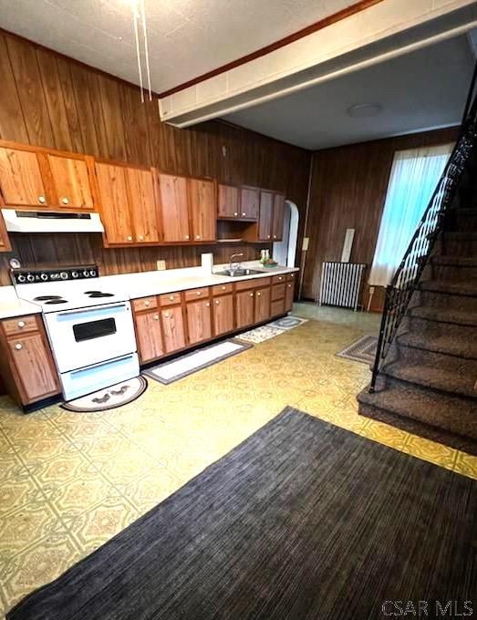 kitchen featuring wooden walls, sink, and electric range