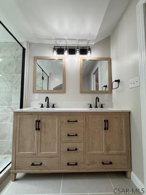 2200 Dundee Ln, Johnstown, PA 15905 - full bath featuring a stall shower, tile patterned floors, double vanity, and baseboards